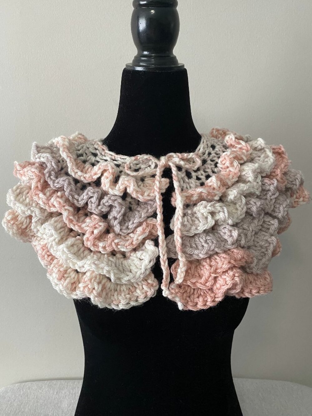 Handmade Crochet Light Pink Grey Cream Large Ruffled Collar Neckwear Accessory